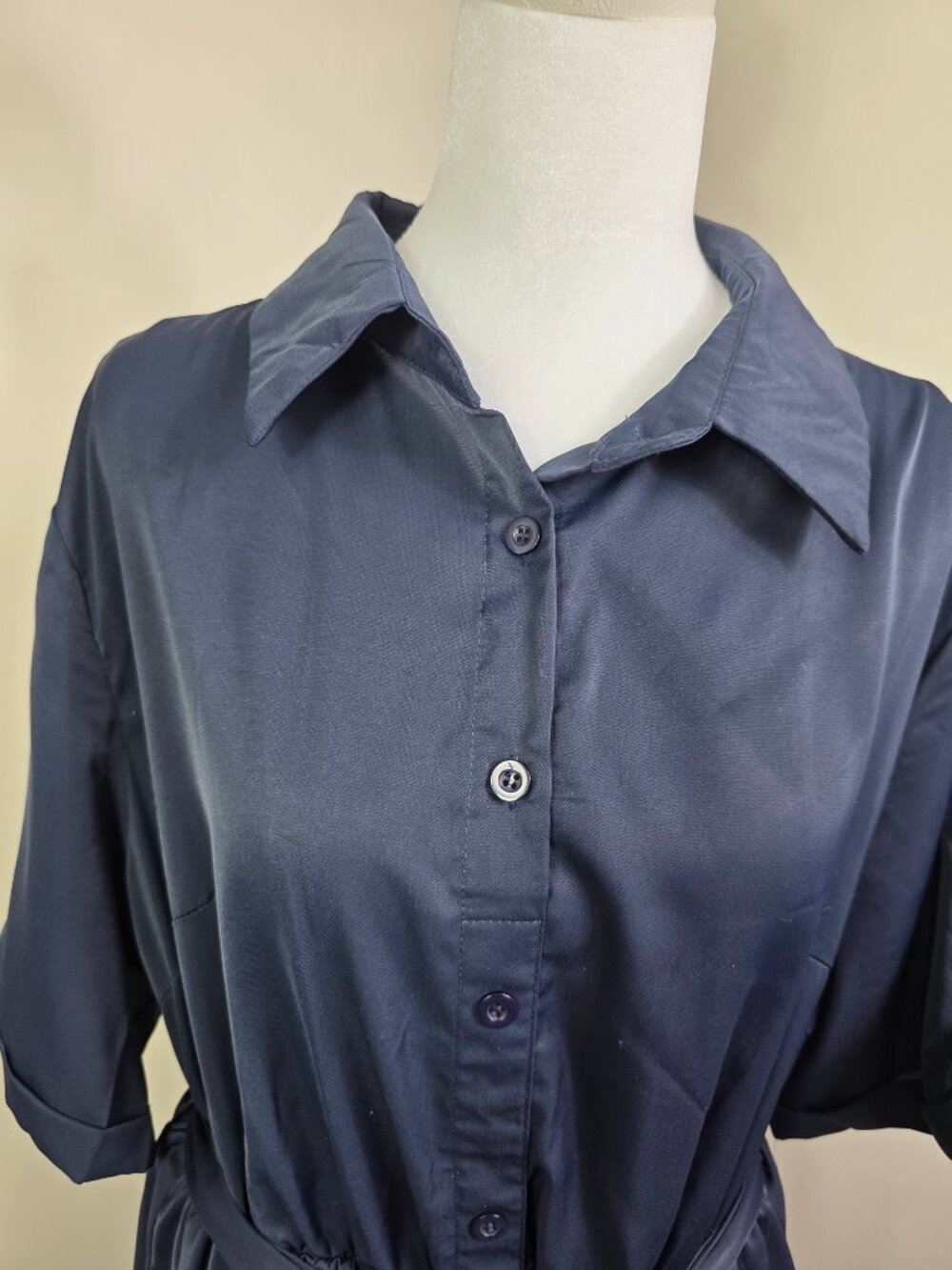 Bloomchic Dress Size 14/16 Navy Blue Fabric Belt Elasticized Waist Midi Pockets - Picture 2 of 10